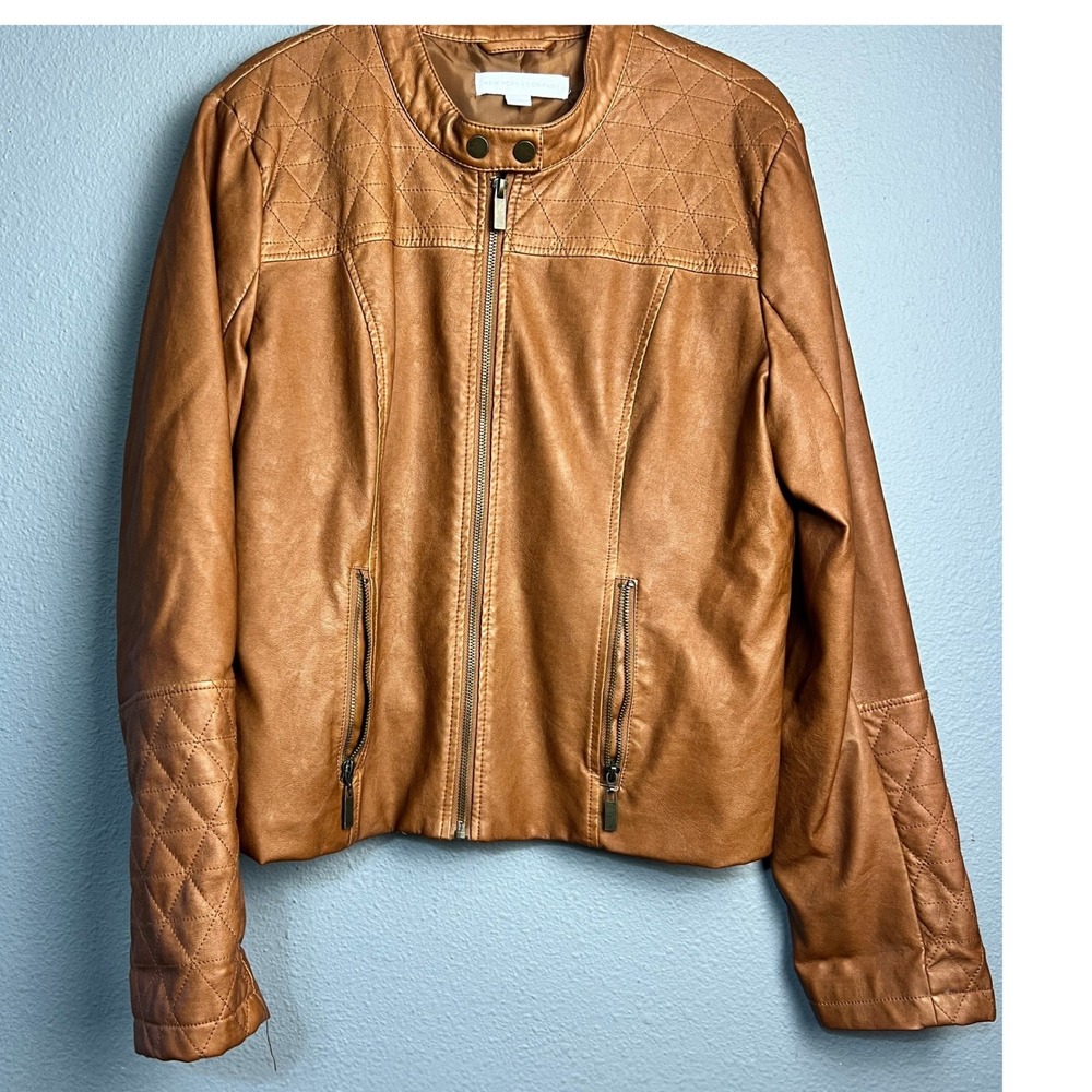 NEW YORK & COMPANY Faux Leather Moto Jacket Brown Quilted Zipper Pockets Size L